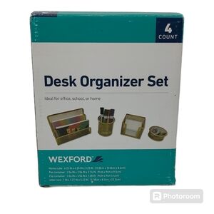 New Gold Metal Wire Desk Organizer Set Memo Cube Pen+Clip Containers Letter Rack